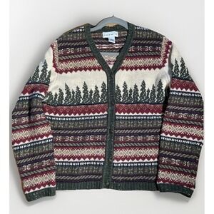 Croft & Barrow Fair Isle Ramie Cardigan Sweater Womens M Nordic Forest Wool
